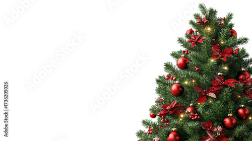 Decorated Christmas tree with red ornaments isolated on a transparent background 