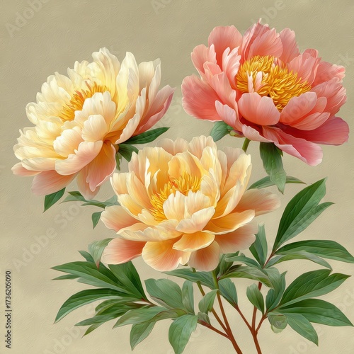 Elegant Close-Up of Vibrant Peonies with Soft Petals and Green Leaves on a Subtle Background