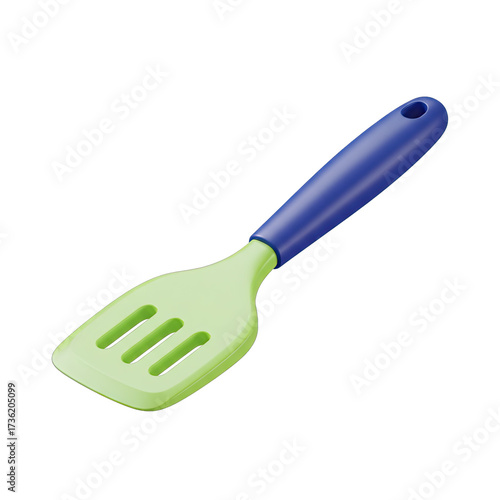 This colorful green and blue slotted spatula, an essential kitchen tool, is isolated on a bright white background, ready for culinary tasks like flipping and stirring.