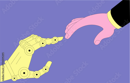 A human hand reaching out to a robotic arm. Vector concept illustration. Horizontal banner.
