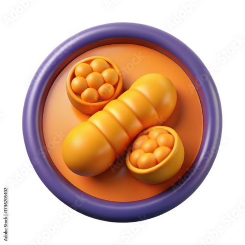 A 3d illustration of a stylized peanut and two small bowls of peanuts isolated on transparent background