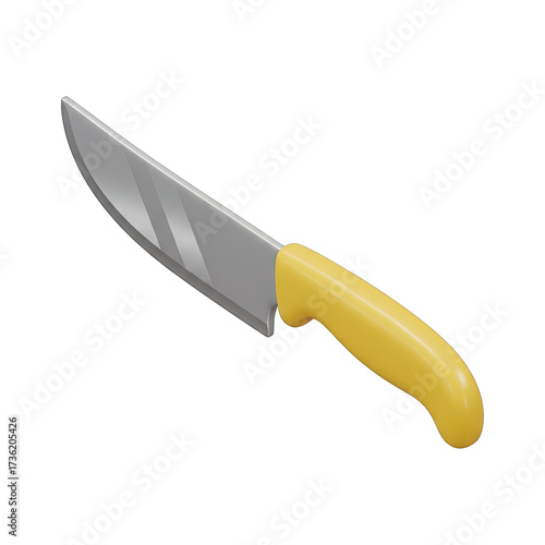 A sharp, gleaming kitchen knife with a bright yellow ergonomic handle is rendered in clean 3D, isolated against a pure white background, ready for culinary tasks.