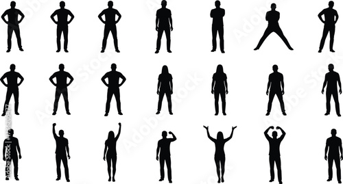 Collection of twenty human figure silhouettes in various standing poses, ideal for posture analysis, character design, animation, and body language studies.