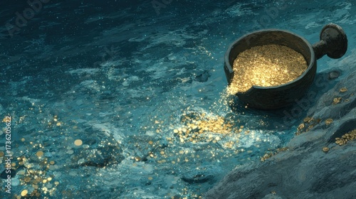 Golden treasure spills from ancient bowl into teal water