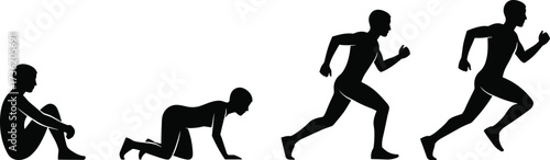 Human movement evolution silhouette from sitting to sprinting, black vector illustration showing physical activity, growth, and dynamic body motion stages.