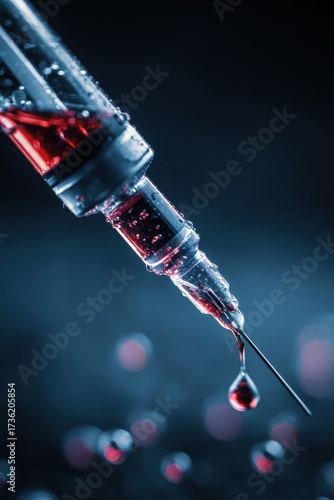 Syringe with Red Liquid Dropping, Close-Up, Dark Background, Medical Concept.