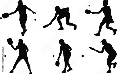 Pickleball players silhouette set showing dynamic poses, paddle actions, and ball movements for sports, fitness, and active lifestyle concepts