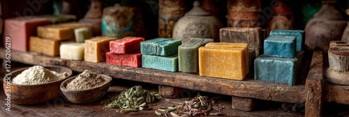 Stacks of vibrant artisan soaps and bowls of dried herbs arranged on wooden shelves with antique vessels and candlelight ambiance. Colorful Handmade Soaps and Dried Herbs in Rustic Display