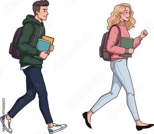 Two diverse students walking with backpacks and books, casual fashion, academic lifestyle, university education concept, isolated vector illustration