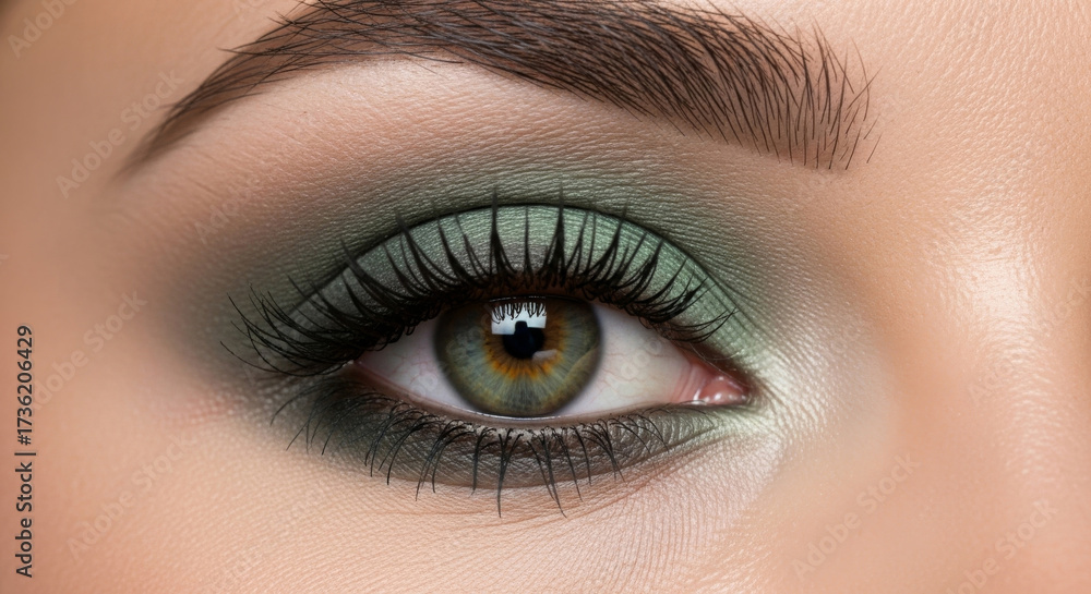 Obraz premium A high-detail, professional close-up photograph of a female eye with perfectly blended sage eyeshadow, showcasing professional makeup artistry