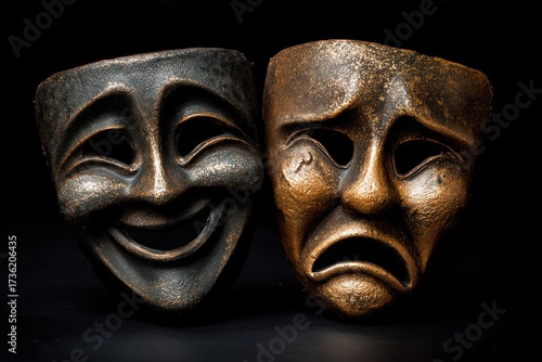 Classic comedy and tragedy masks reflecting joy and sadness on black background
