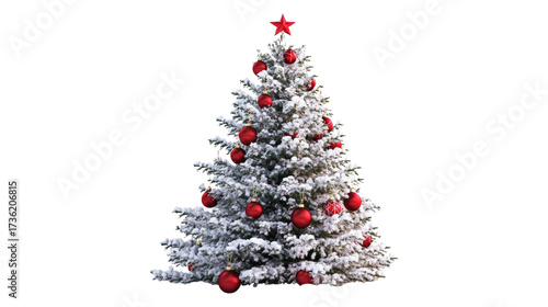 Snow covered Christmas tree with red ornaments isolated on a transparent background