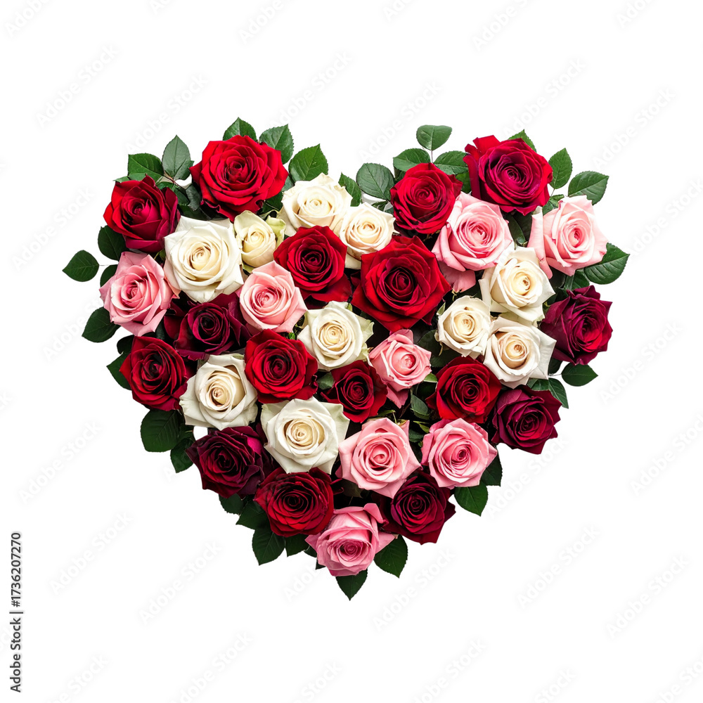 Obraz premium Heart-Shaped Floral Arrangement with Roses, isolated on a white backgroun