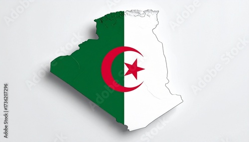 The flag of Algeria filling the map outline of Algeria crescent and star symbol isolated on white background
