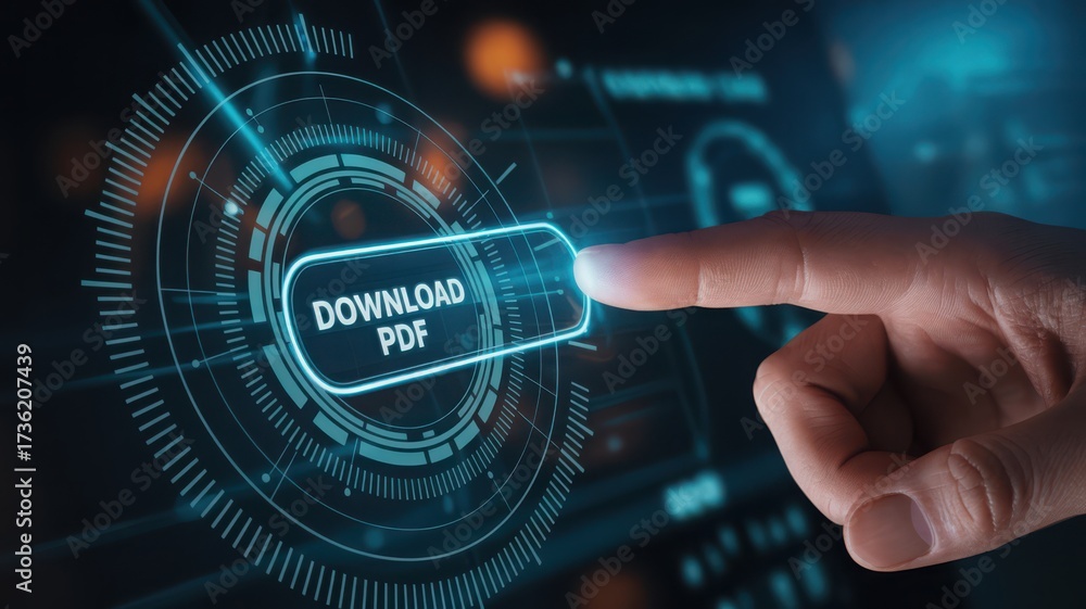 Fototapeta premium Finger pressing a download PDF button digital technology interface concept for fi