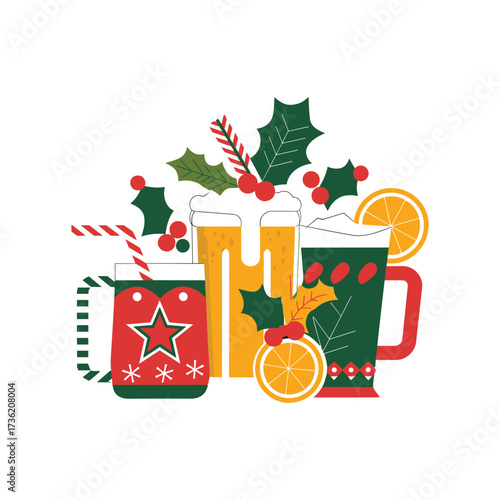 Festive Christmas Drinks with Beer, Hot Cocoa, Holly and Citrus Holiday Illustration