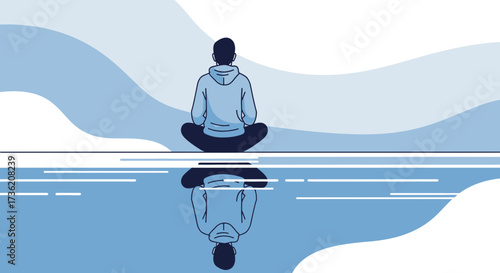 Meditative man in lotus position by water reflecting inner peace and mindfulness