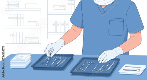 Medical professional preparing surgical instruments with gloves for a procedure illustration