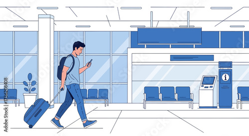 Modern airport scene featuring traveler with luggage checking phone at departure lounge