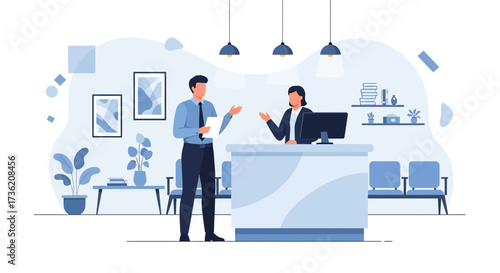 Modern business reception area illustration with diverse characters interacting professionally in
