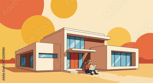 Modern home traveler reading map cartoon illustration peaceful vacation scene
