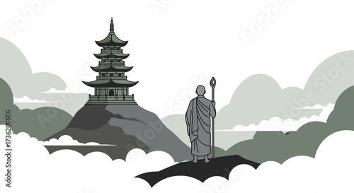 Monk's Journey to a Distant Pagoda Temple Amidst Mountainous Landscape