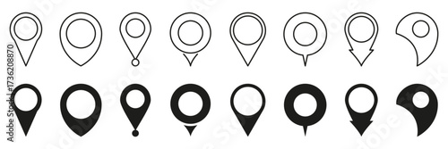 Map Location Pin Icon Set. Navigation And Geolocation Marker Outline And Solid Symbol Collection. Gps Positioning And Mapping Design Elements. Isolated Vector Illustration
