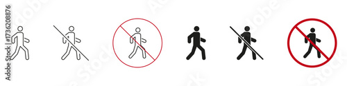 Pedestrian Walking And No Walking Icon Set. Traffic And Safety Sign Outline And Silhouette Symbol Collection. Includes Walking And Prohibited Walking Symbols. Isolated Vector Illustration
