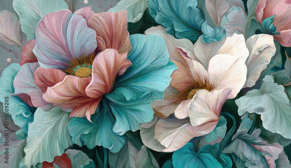 custom made wallpaper toronto digitalDetailed floral art, featuring large, stylized flowers in muted pinks, blues, and creams