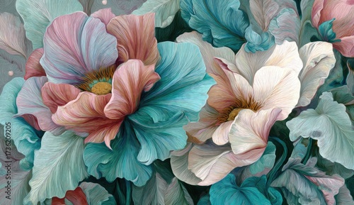 Wallpaper Mural Detailed floral art, featuring large, stylized flowers in muted pinks, blues, and creams Torontodigital.ca