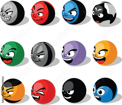 A collection of colorful cartoon spheres with diverse facial expressions on a white background.