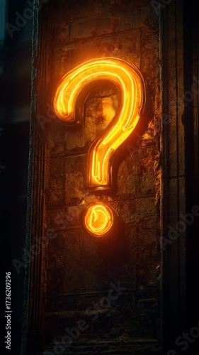 A glowing orange neon question mark on a textured stone pillar, with dark background