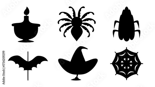Halloween Silhouette Set Spooky Spider, Bats, Witch Hat, and Candle