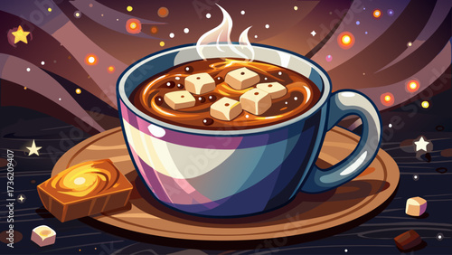 Very beautiful close White cup with tasty hot chocolate drink garnished with roasted marshmallow placed on wooden table against dark background with sparkles