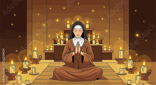 Nun in meditation surrounded by candles in a serene religious environment depicted in a warm color