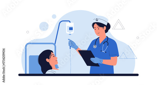 Nurse caring for patient with iv drip in hospital room healthcare concept vector illustration