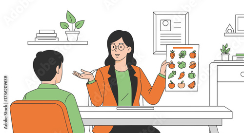 Nutritionist advises a patient about healthy eating and the importance of a balanced diet