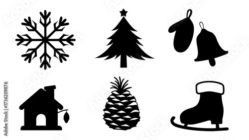 Diverse Collection of Winter Holiday and Seasonal Silhouette Icons for Festive Design Projects