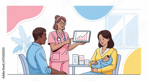 Postnatal consultation with a doctor discussing baby's health statistics to parents happy family