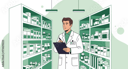 Pharmacist in Pharmacy with Clipboard Checking Inventory of Medicines on Shelves