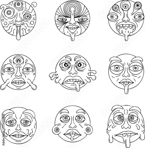 Nine distinct black and white circular illustrations depicting surreal, multi-eyed faces with distorted features and dripping saliva.