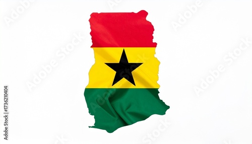 The flag of Ghana covering the map outline of Ghana bright yellow red green with star isolated on white background
