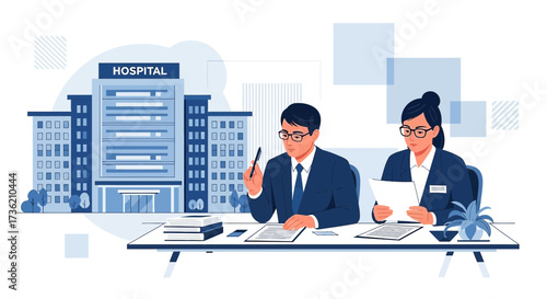 Professional hospital staff review documents in a modern and minimalist office setting illustration