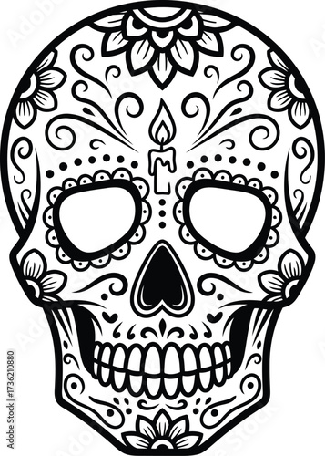 Black and White Sugar Skull with Candle and Floral Decorations day of the dead dia de los muertos
