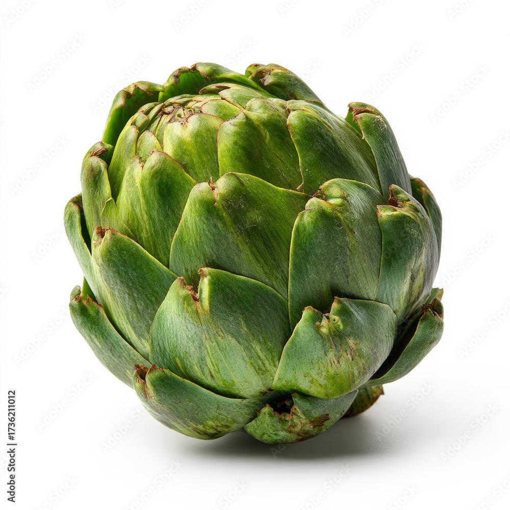 Fototapeta premium A fresh, vibrant artichoke isolated, showcasing its unique and intricate textures. Its various shades of green stand out in this high-quality close-up