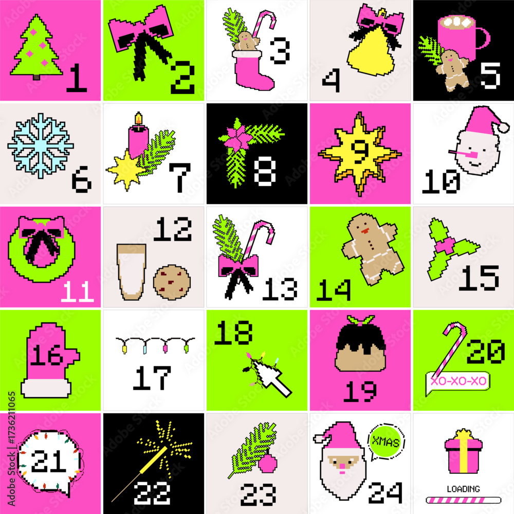 Fototapeta premium Pixel art Christmas advent calendar with festive icons and bright colors