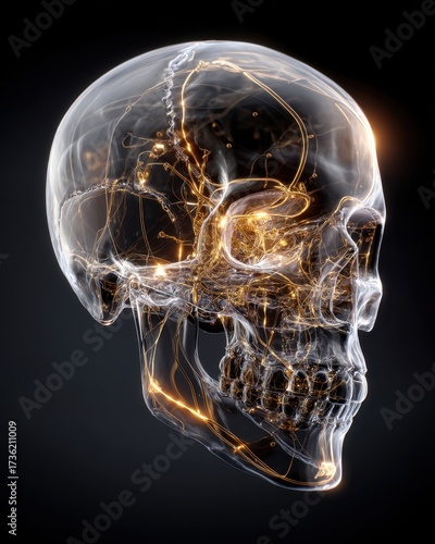 Transparent Skull with Illuminated Neural Pathways, Artistic Medical Illustration.