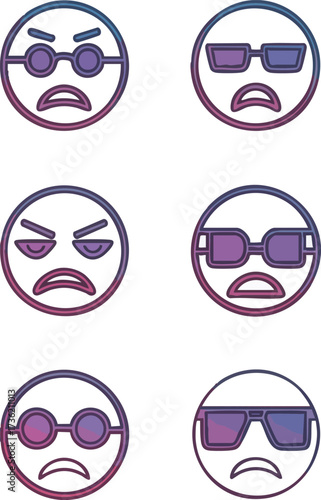 Six gradient-colored emoji faces expressing negative emotions while wearing various styles of eyeglasses.