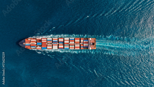 Aerial top view container cargo ship full speed with beautiful wave.