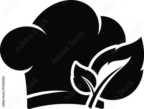 Black Chef Hat Icon with Green Leaves Symbolizing Healthy Cuisine toque blanche cooking